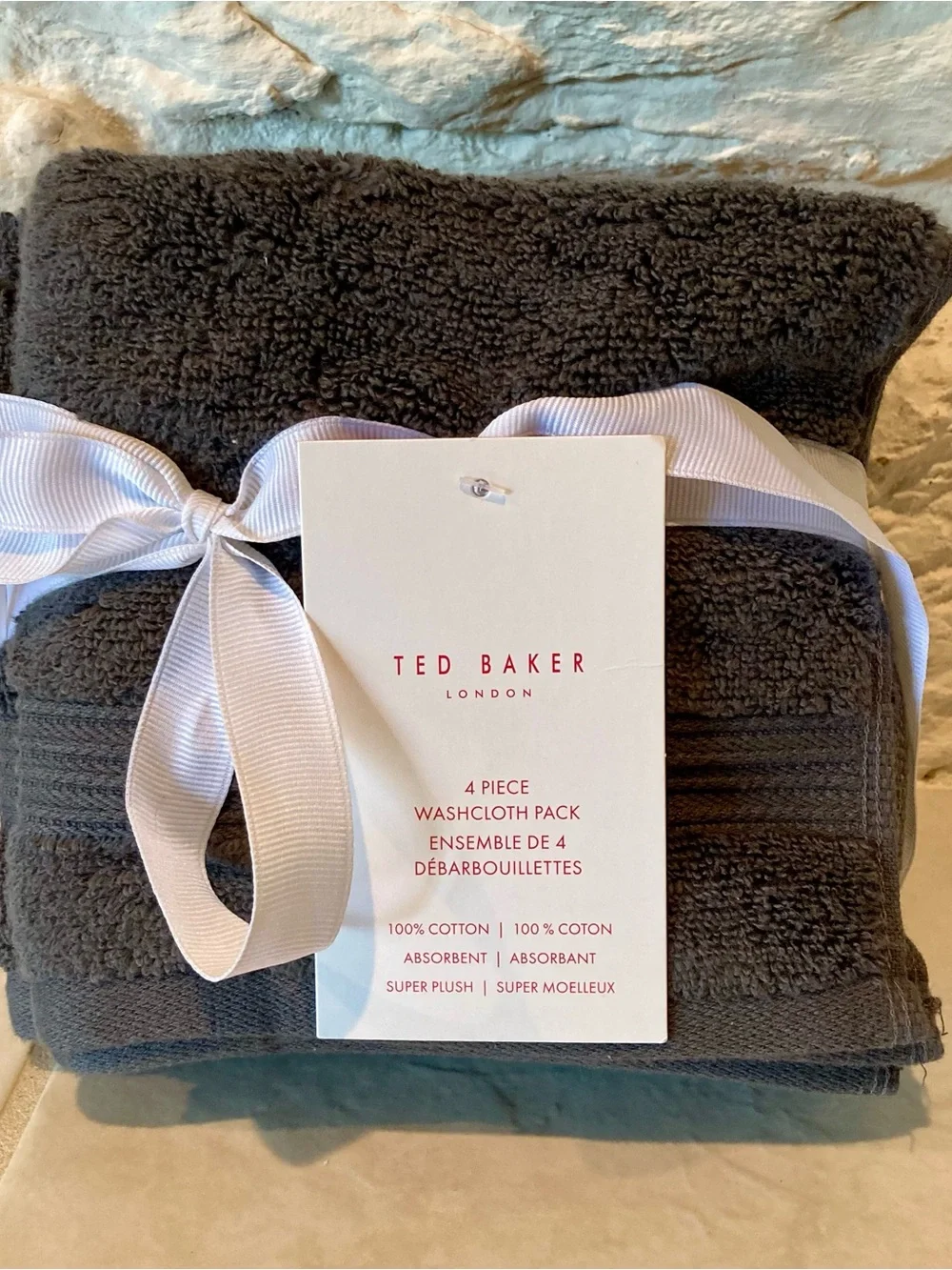 NWT Ted Baker Dark Gray Plush Cotton Washcloth Set